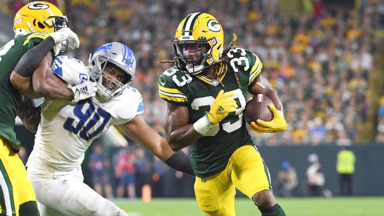 Aaron Jones scored four touchdowns to lead the Green Bay Packers to a victory over the Detroit Lions in the NFL